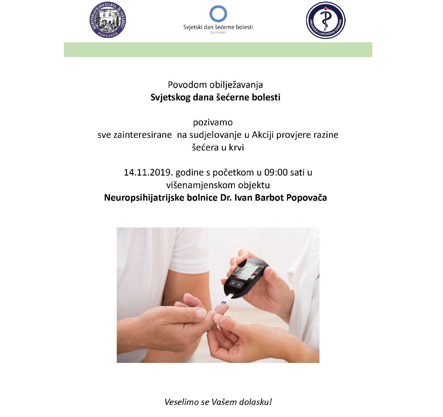 POZIV NA SUDJELOVANJE U AKCIJI PROVJERE RAZINE ŠEĆERA U KRVI 14.11.2019. GODINE