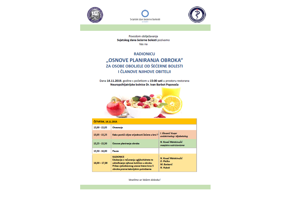 Poziv na radionicu „OSNOVE PLANIRANJA OBROKA  ZA OSOBE OBOLJELE OD ŠEĆERNE BOLESTI I ČLANOVE NJIHOVE OBITELJI“ 14.11.2019. godine u restoranu bolnice