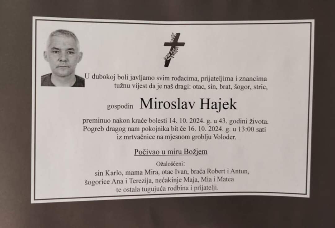OBAVIJEST O SMRTI - MIROSLAV HAJEK