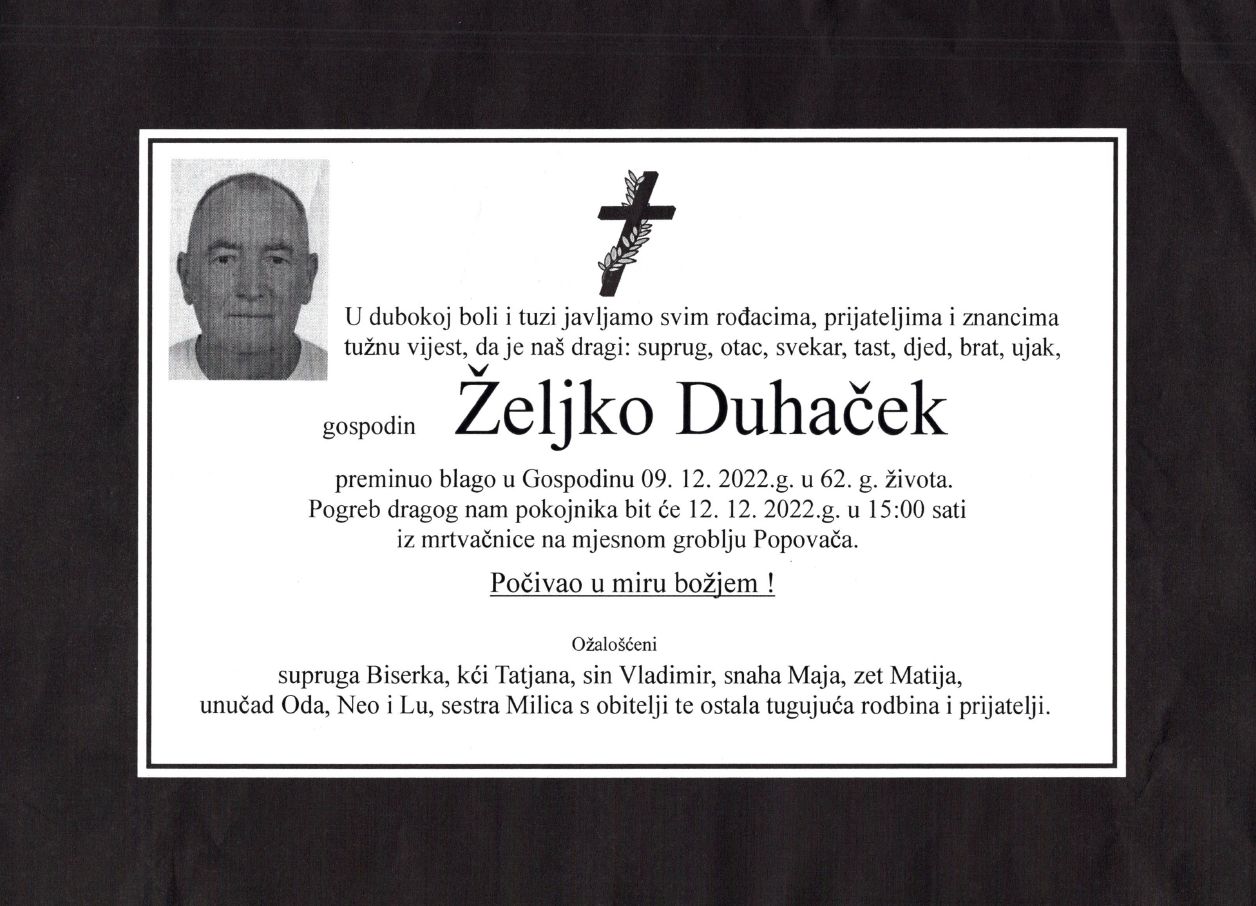 OBAVIJEST O SMRTI - ŽELJKO DUHAČEK